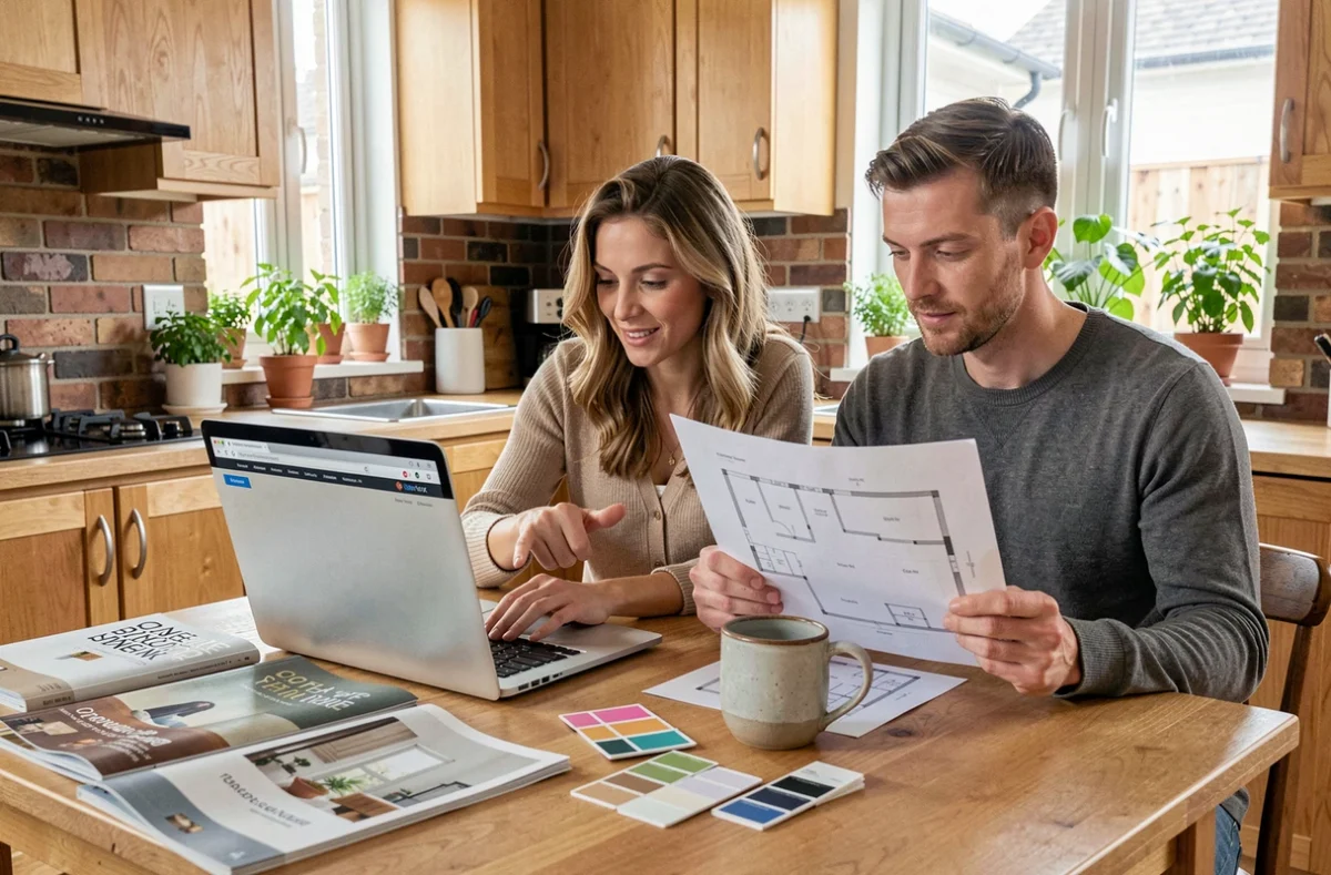 Couple consultant un site de décoration intérieure sur laptop pour contacter un professionnel pour leur projet de rénovation