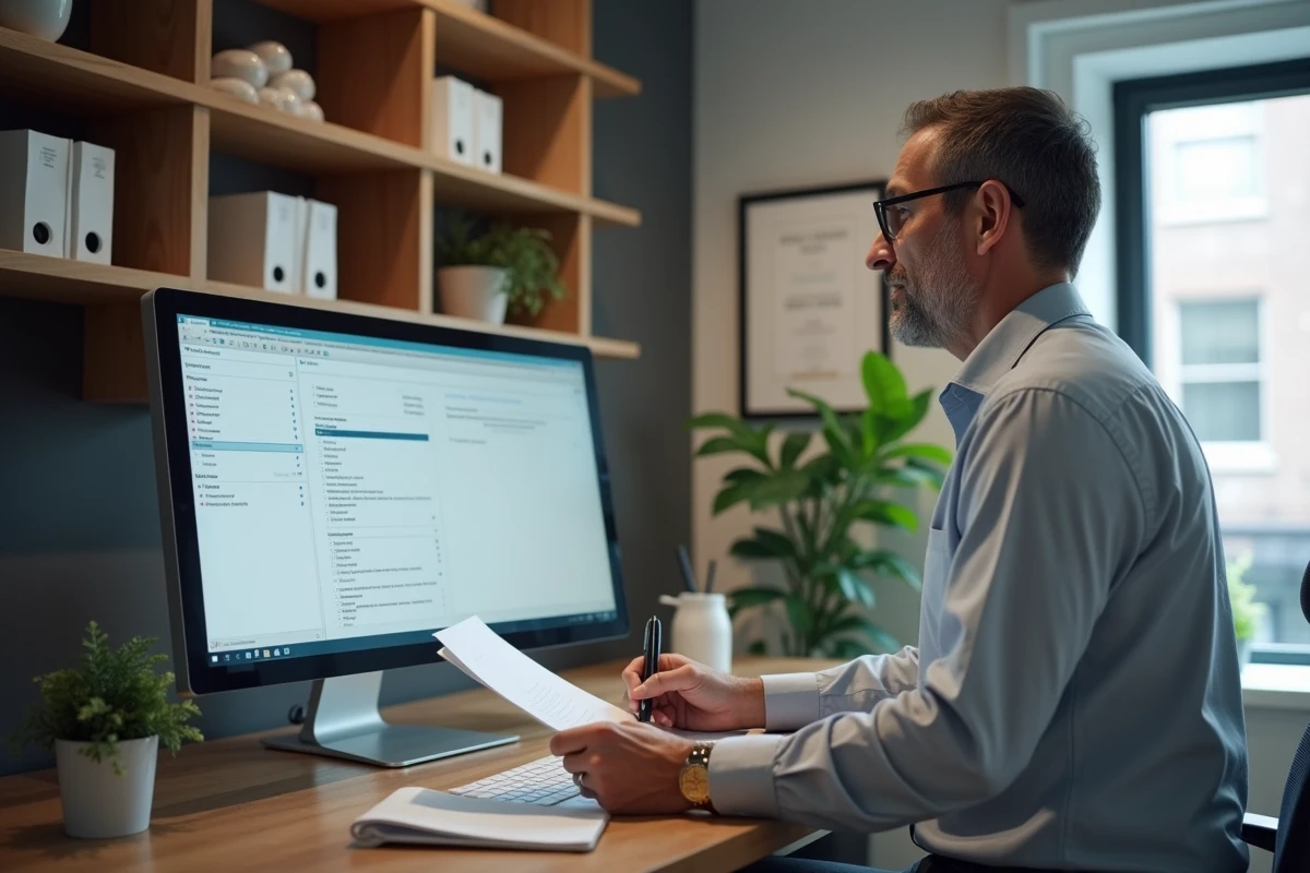 Courtier indépendant consultant le portail AXA Courtage pour l'intégration des nouveaux partenaires dans son bureau professionnel