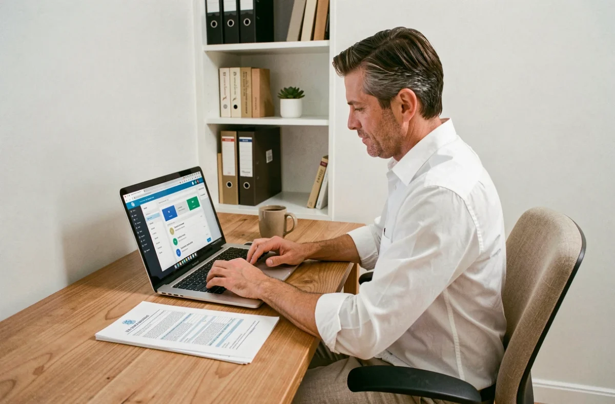 Courtier indépendant travaillant sur un portail extranet d'assurance depuis son bureau à domicile