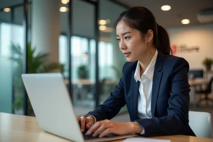 Nouvelle courtière en assurance accédant à l'extranet AXA Courtage sur son ordinateur portable dans un bureau moderne