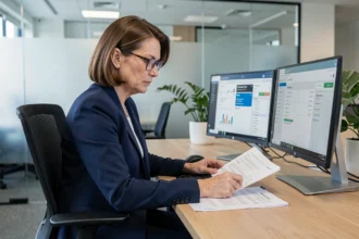 Courtière indépendante utilisant un extranet d'assurance sur ordinateur dans un bureau moderne