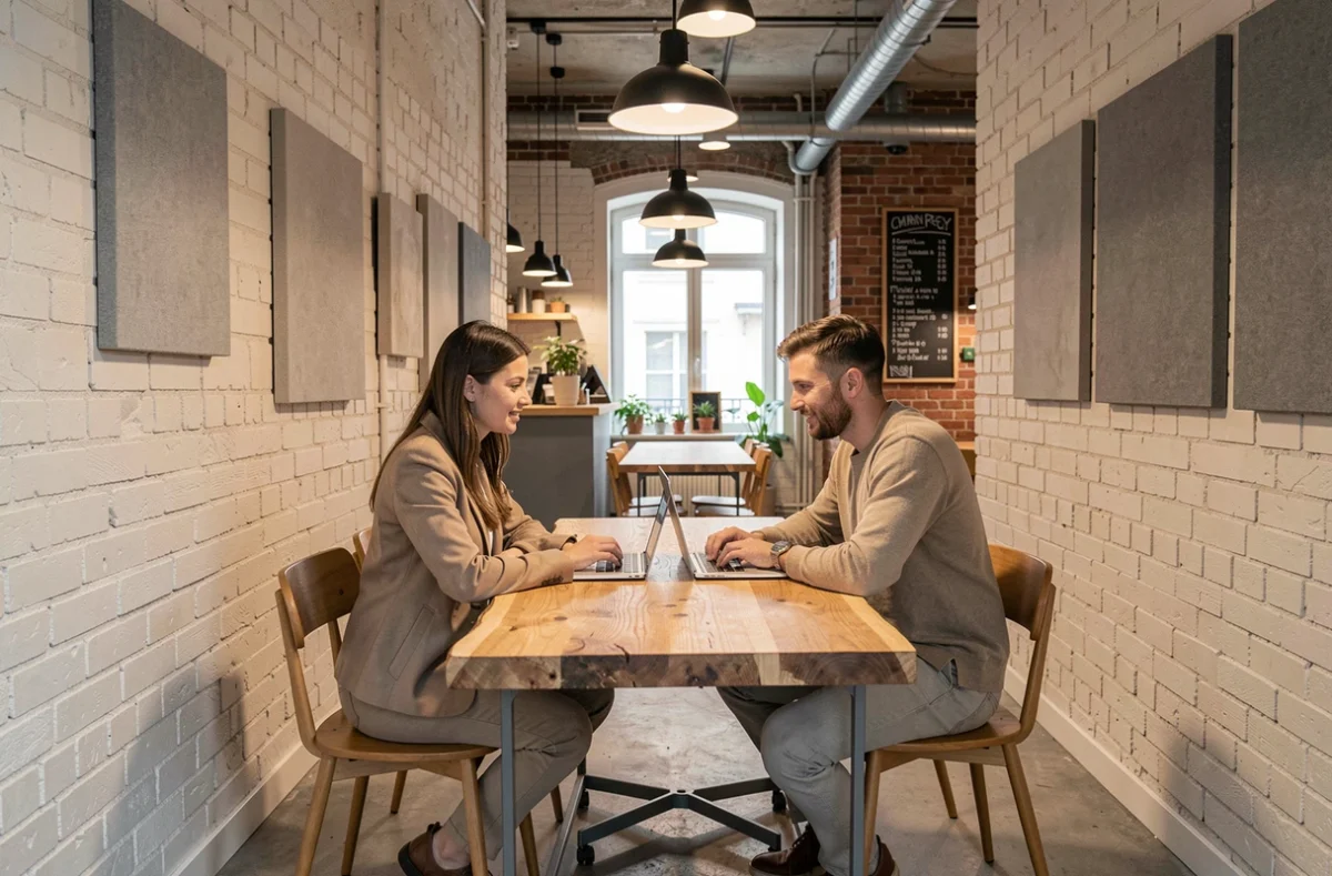 Deux professionnels en discussion dans un coin collaboratif d'un coworking de style industriel à Vienne