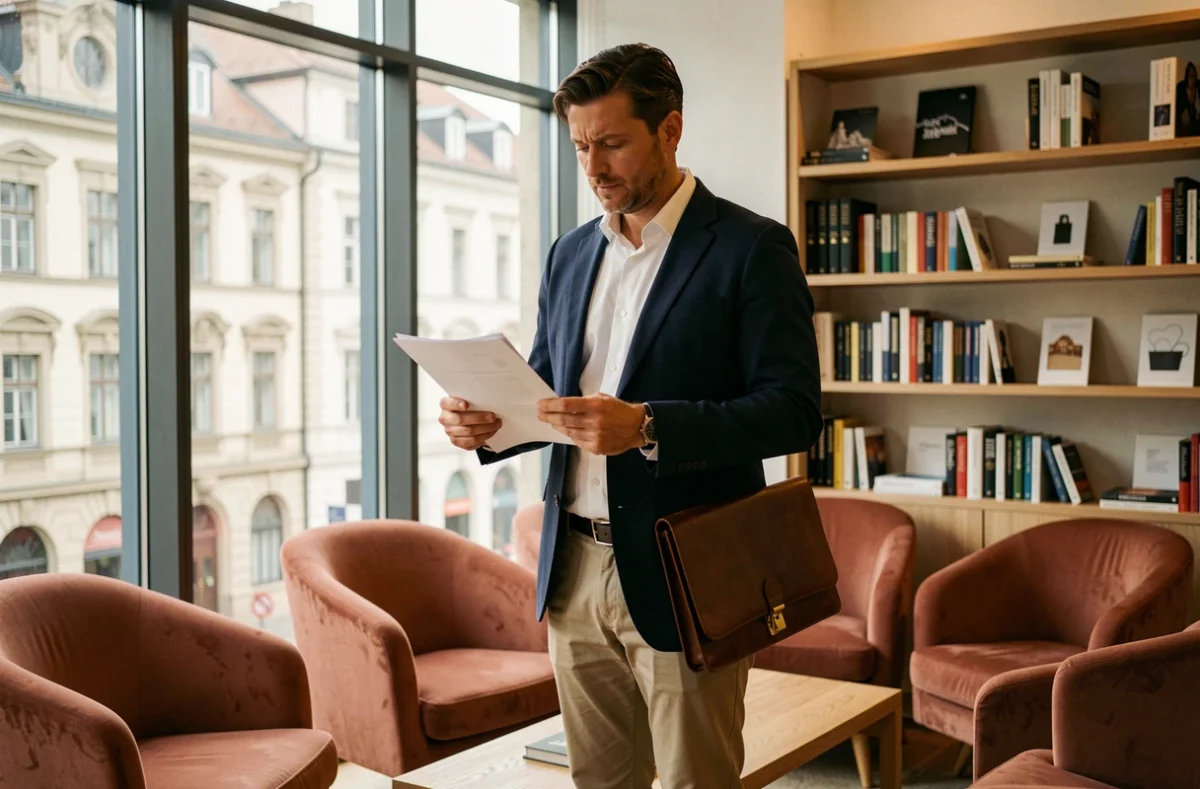 Homme consultant des documents dans un espace de coworking lumineux avec vue sur les bâtiments viennois