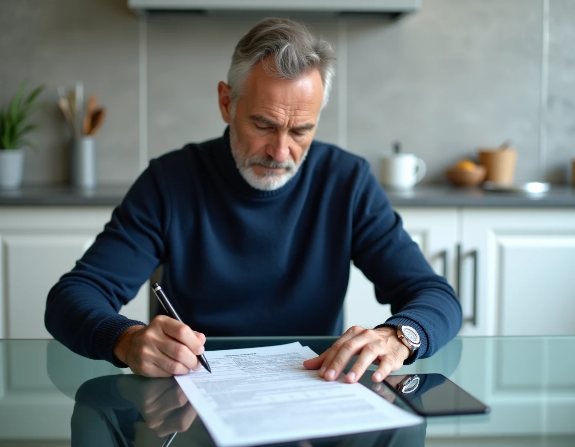 Homme remplissant sa déclaration fiscale ESALIA à la main sur une table de cuisine avec smartphone et formulaire officiel