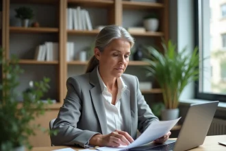 Femme consultant ses documents fiscaux sur un bureau en bois pour déclarer ses revenus ESALIA aux impôts en 2026