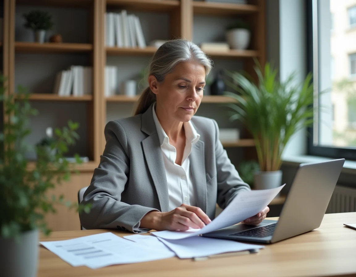 Femme consultant ses documents fiscaux sur un bureau en bois pour déclarer ses revenus ESALIA aux impôts en 2026