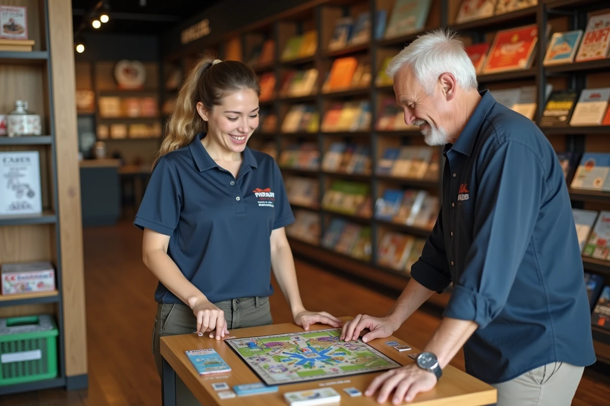 Jeune vendeuse montrant un jeu de soci&eacute;t&eacute; &agrave; un client dans le magasin