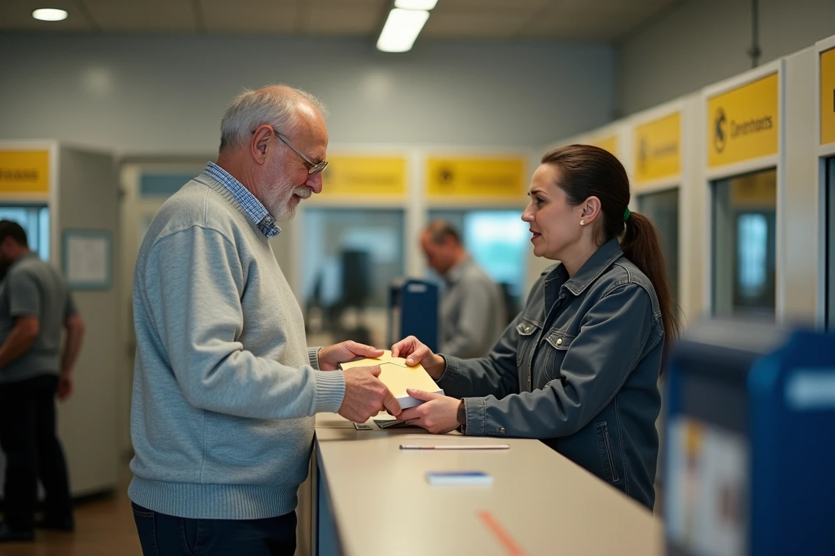Homme déposant une lettre recommandée avec accusé de réception au guichet d'un bureau de poste