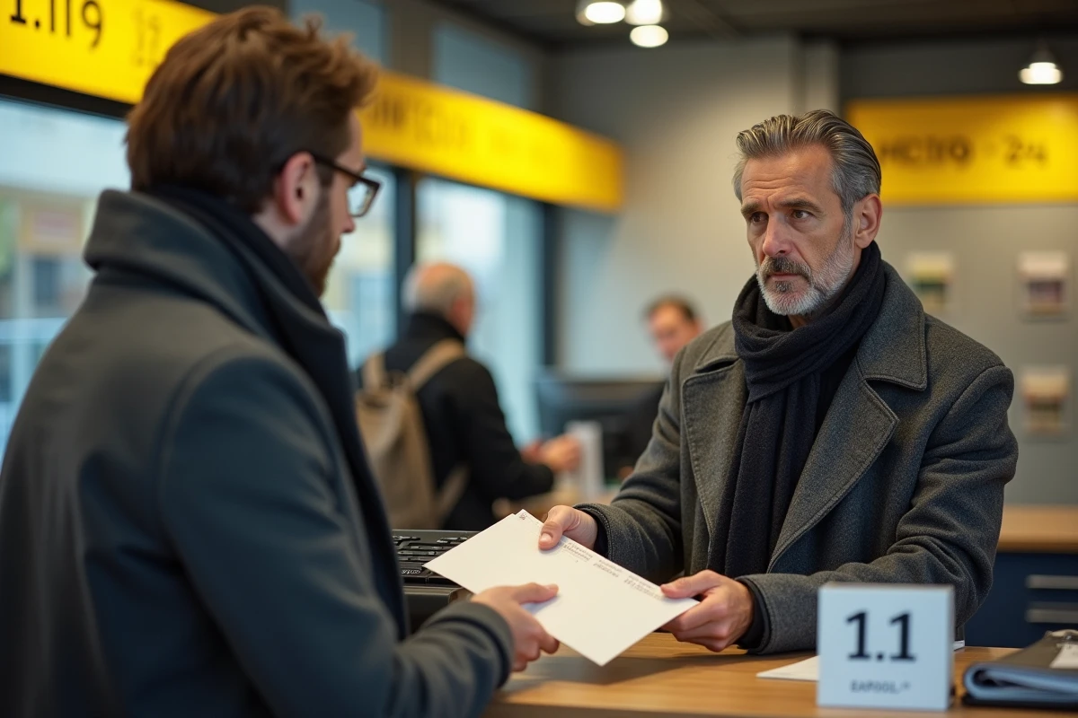Homme en manteau gris d&eacute;posant une lettre recommand&eacute;e au guichet d'un bureau de poste face &agrave; un agent postal