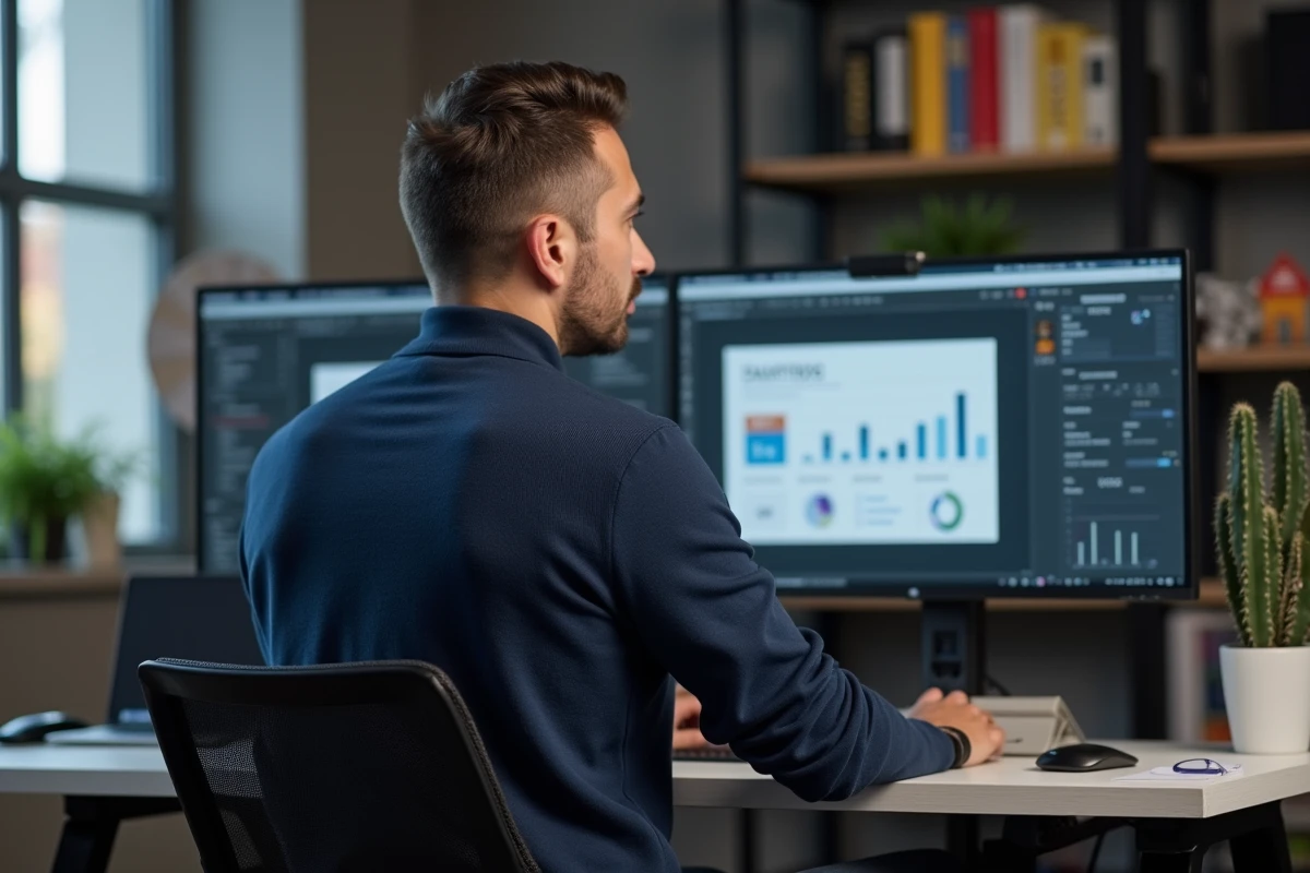 Designer graphique travaillant sur des visuels de campagne et des analyses de performance sur double écran en studio