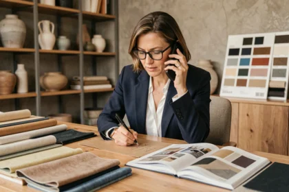 Designer professionnelle en studio de décoration passant un appel pour un projet client avec des échantillons de matériaux sur son bureau