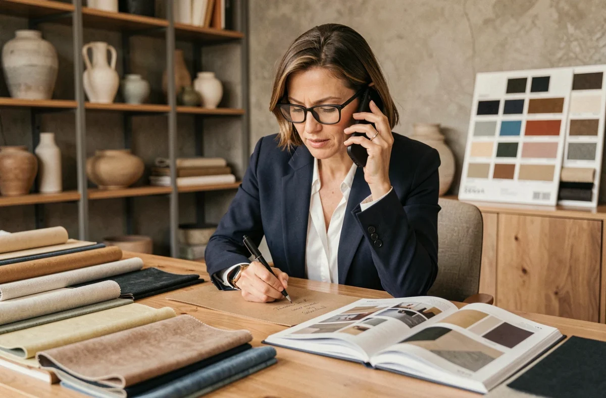 Designer professionnelle en studio de décoration passant un appel pour un projet client avec des échantillons de matériaux sur son bureau