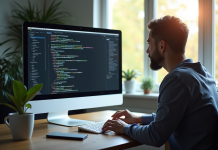Développeur web travaillant à un bureau moderne avec code CSR