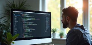 Développeur web travaillant à un bureau moderne avec code CSR