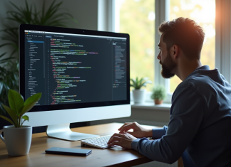 Développeur web travaillant à un bureau moderne avec code CSR