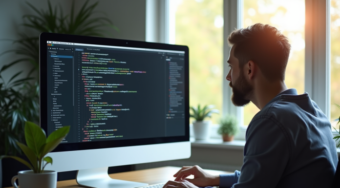Développeur web travaillant à un bureau moderne avec code CSR