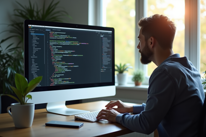 Développeur web travaillant à un bureau moderne avec code CSR