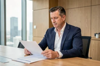 Dirigeant d'entreprise analysant des documents dans une salle de réunion d'un cercle B2B haut de gamme