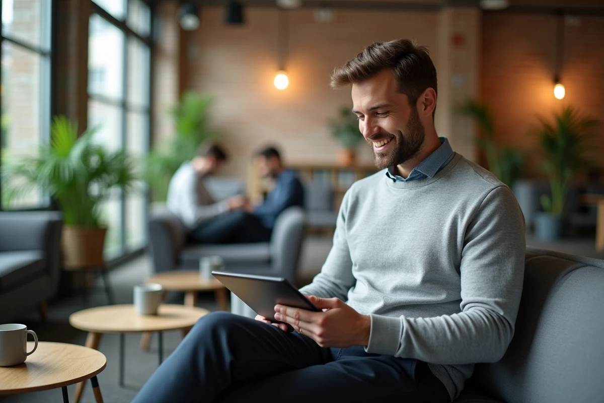 Dirigeant détendu gérant son portefeuille de projets sur tablette dans un espace de coworking moderne sans stress