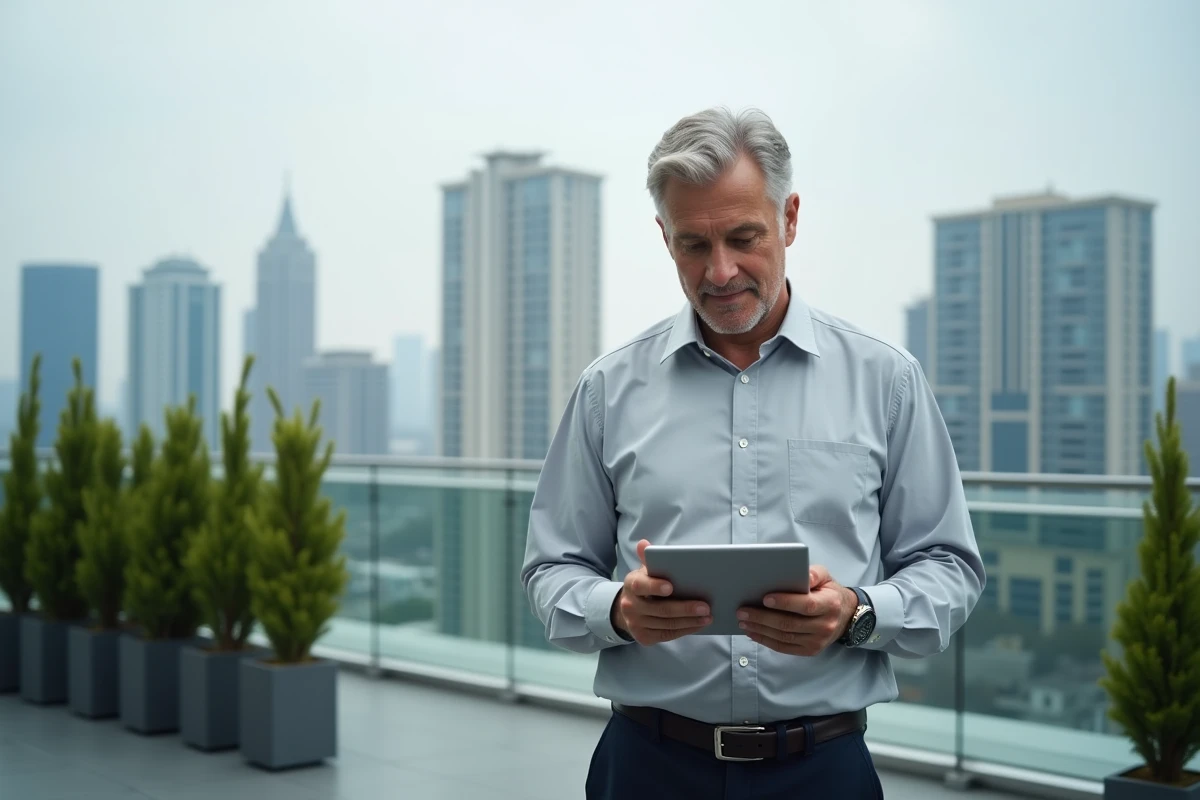 Chef d'entreprise consultant une plateforme B2B sur tablette depuis la terrasse d'un immeuble de bureaux en milieu urbain
