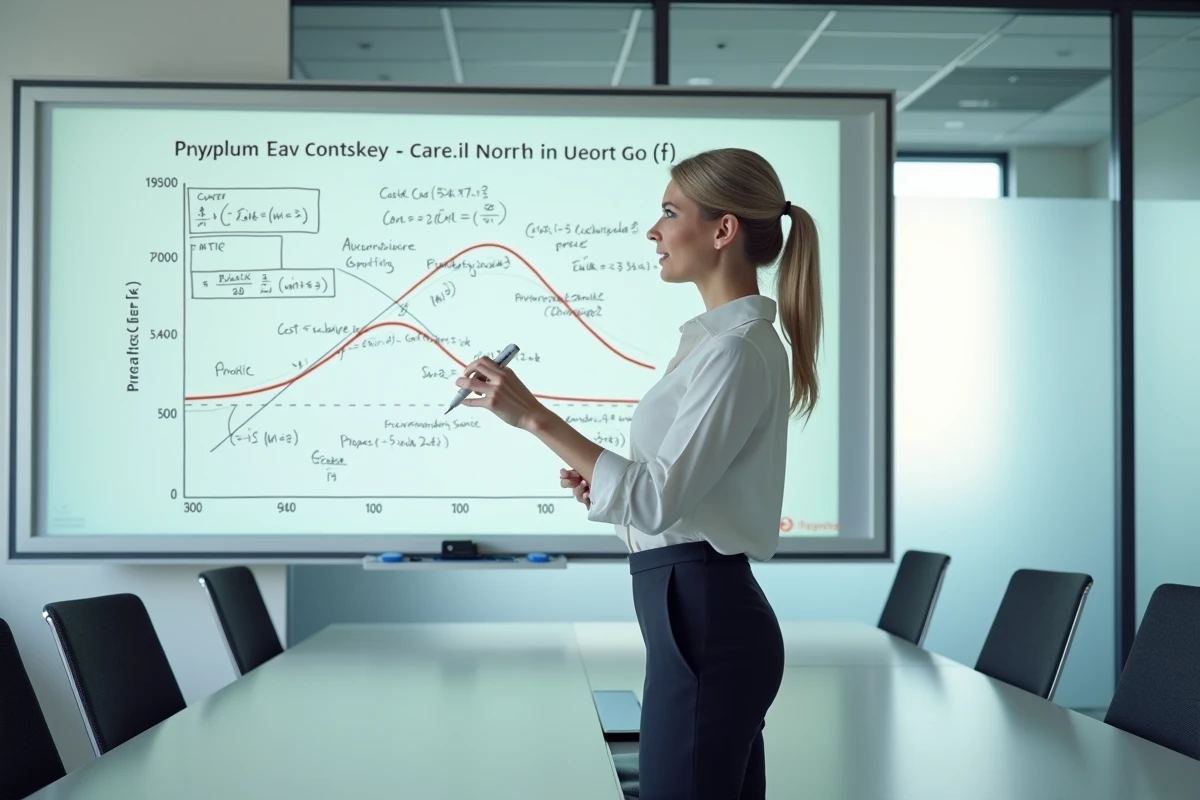 Dirigeante B2B présentant le calcul du seuil de rentabilité sur un tableau blanc dans une salle de réunion moderne