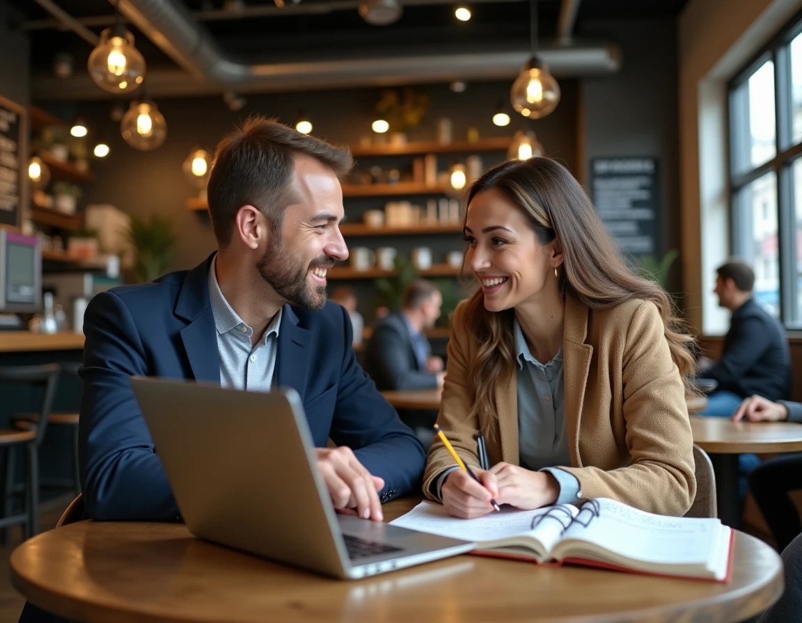 Deux collègues discutant d'un choix de carrière entre passion et salaire autour d'un café en ville