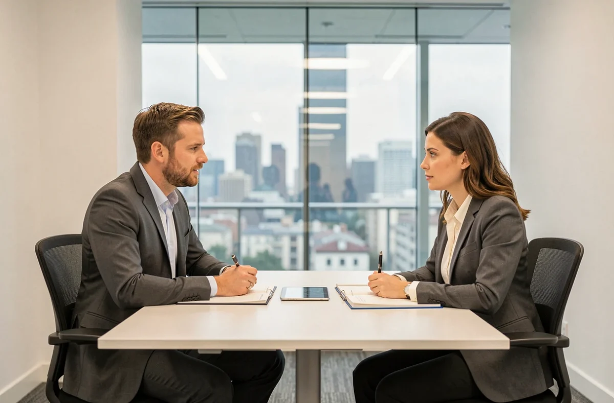 Deux professionnels discutant des perspectives d'emploi et des conditions de travail en entreprise
