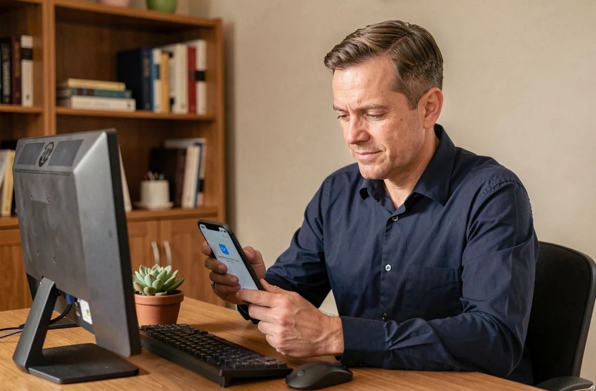 Homme vérifiant un email de réinitialisation de mot de passe HR4YOU sur smartphone depuis son bureau à domicile