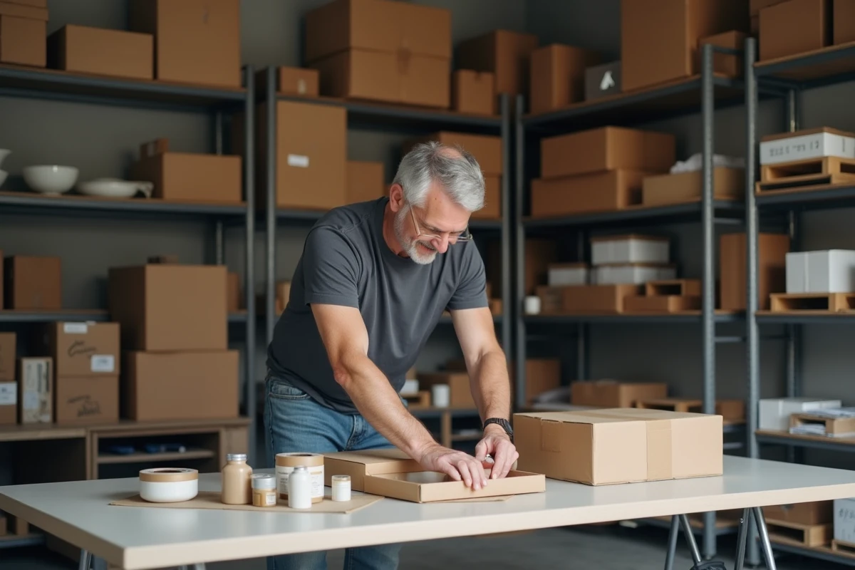 Homme emballant des produits dans des cartons dans un garage am&eacute;nag&eacute; en espace de travail &agrave; domicile