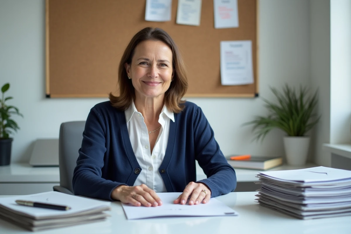 Femme organisant des newsletters et enveloppes sur un bureau dans une chambre convertie en bureau &agrave; domicile