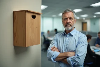 Employé de bureau désengagé devant une boîte à idées vide dans un open space d'entreprise