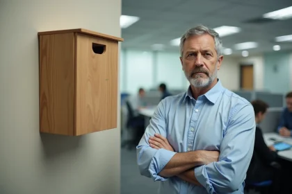 Employé de bureau désengagé devant une boîte à idées vide dans un open space d'entreprise
