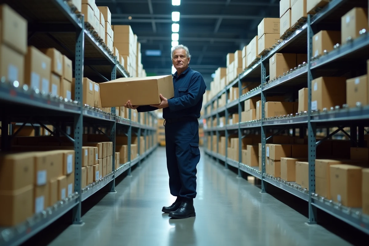 Employé de supermarché en tenue de travail bleue réapprovisionnant les rayons la nuit dans un hypermarché
