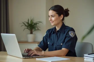 Employée Securitas en uniforme consultant sa fiche de paie en ligne sur un ordinateur portable à son bureau à domicile