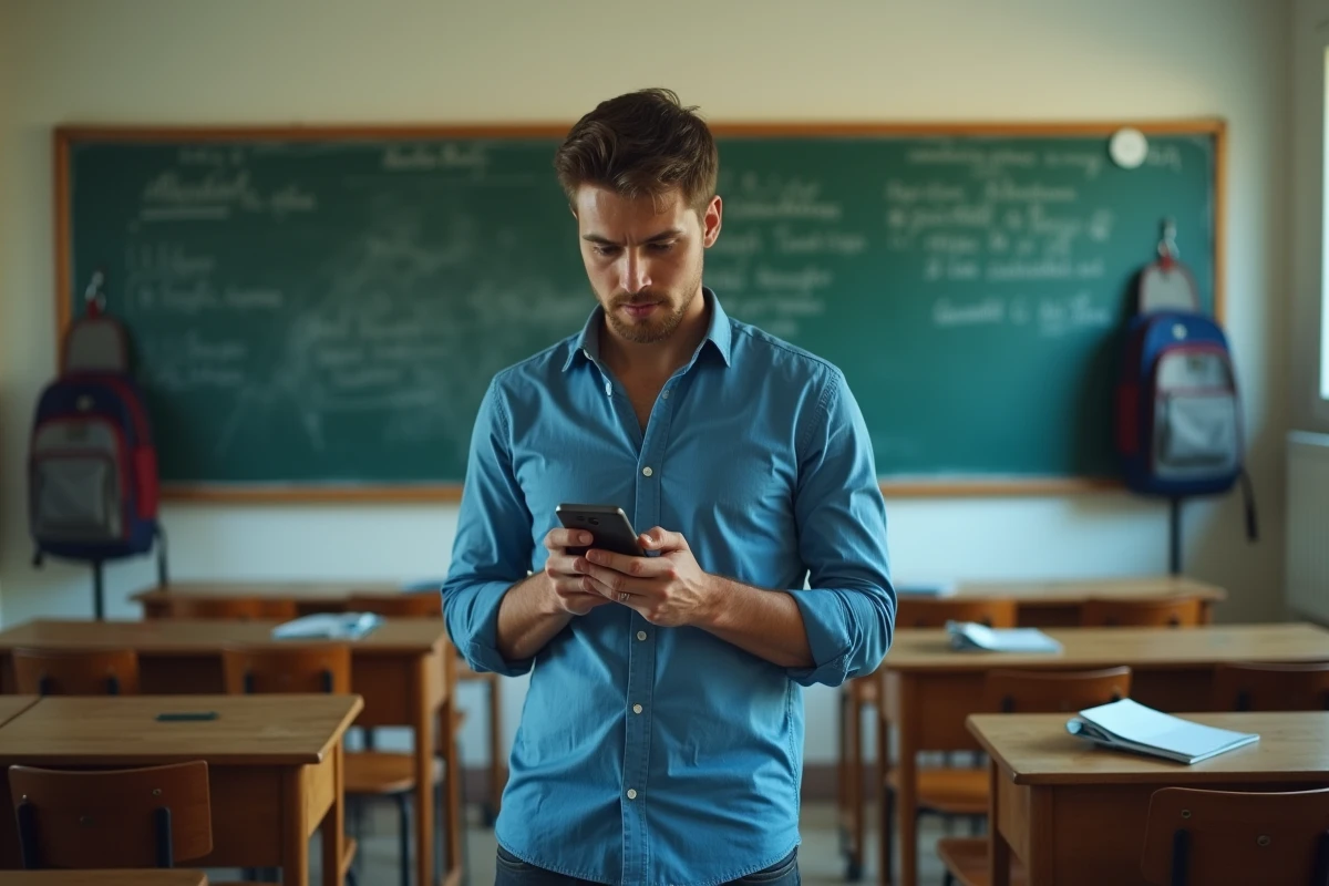 Jeune enseignant regardant son smartphone dans une classe