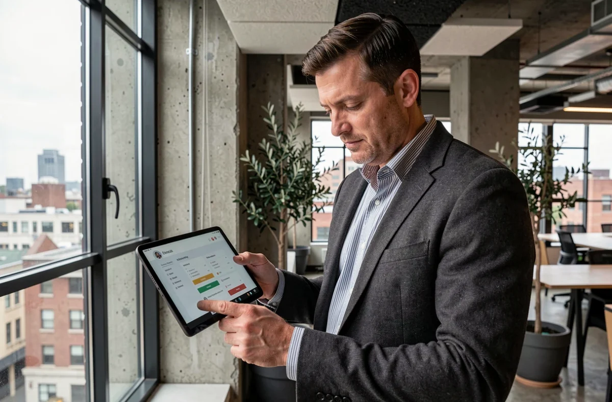 Chef d'entreprise consultant son abonnement à une plateforme B2B sur tablette dans un espace de travail moderne