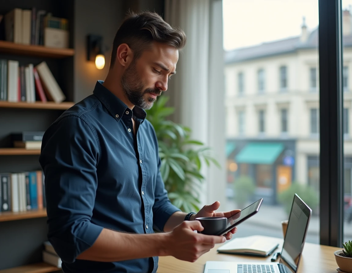 Entrepreneur consultant lisant un blog de création d'entreprise depuis son bureau à domicile avec tablette et café