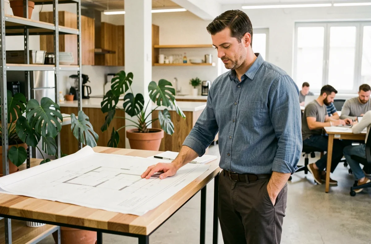 Entrepreneur indépendant debout à un bureau réglable en hauteur consultant des plans dans un espace de coworking lumineux