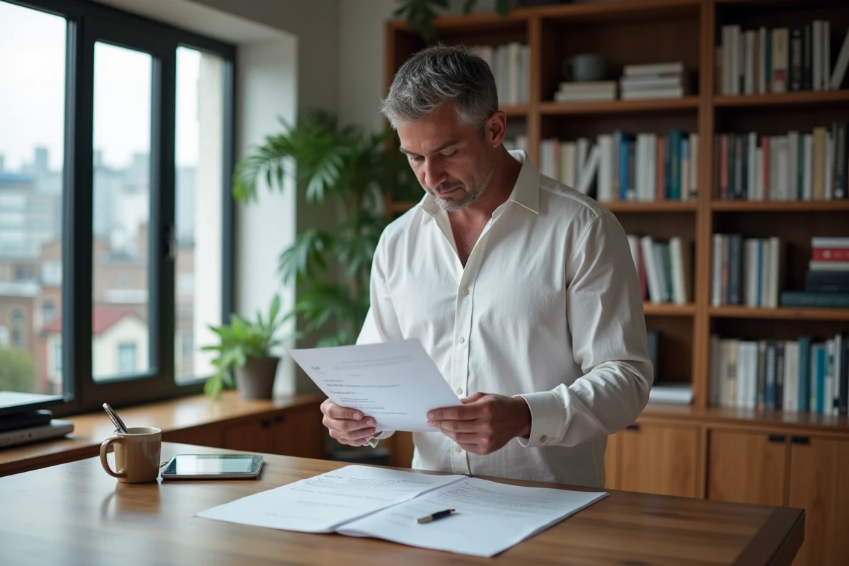 Entrepreneur débordé consultant une checklist business imprimée dans un bureau à domicile bien organisé