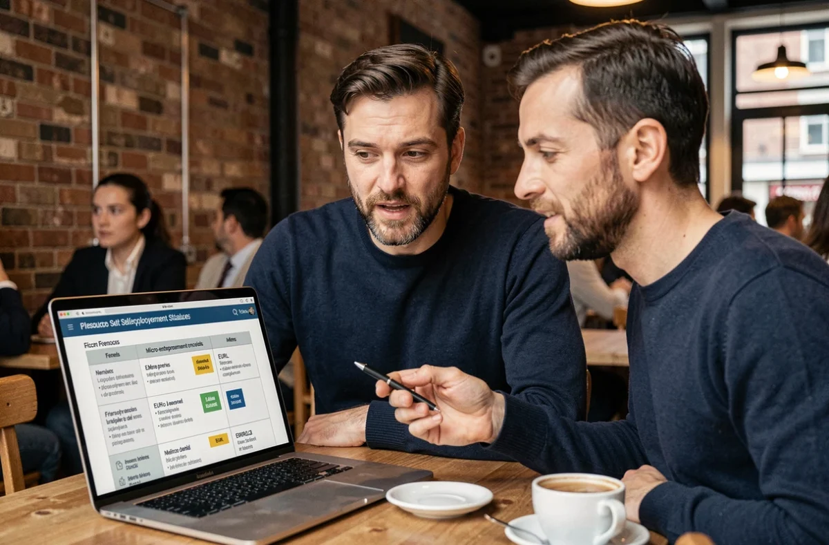 Entrepreneur masculin comparant les statuts d'indépendant sur son ordinateur portable dans un café