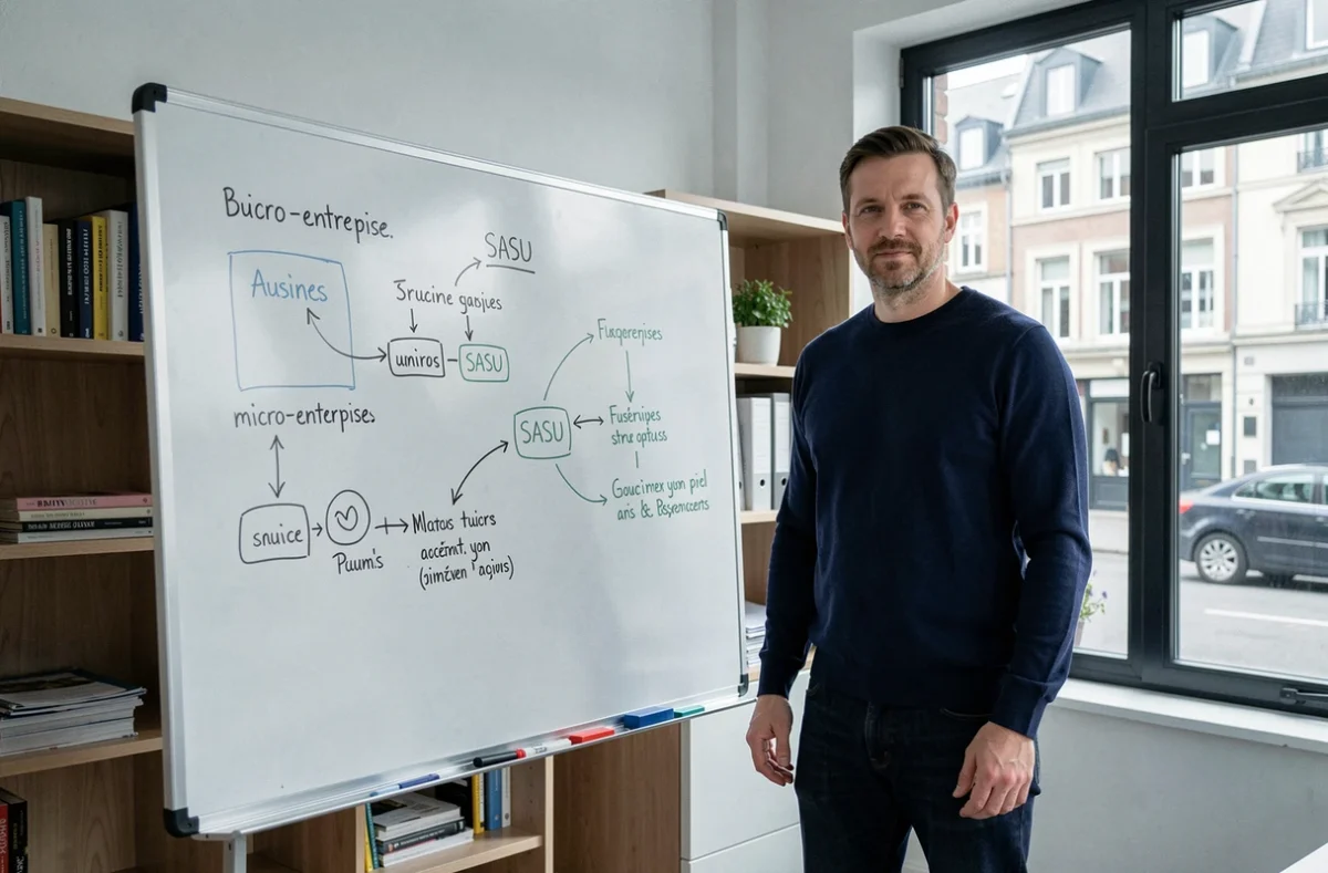 Entrepreneur comparant les structures juridiques alternatives au portage salarial sur un tableau blanc dans un bureau à domicile