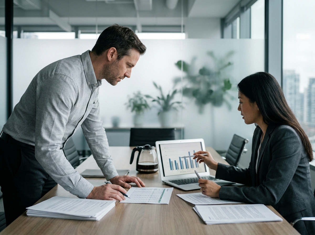 Entrepreneur consultant un expert comptable dans une salle de réunion professionnelle pour déléguer la gestion financière