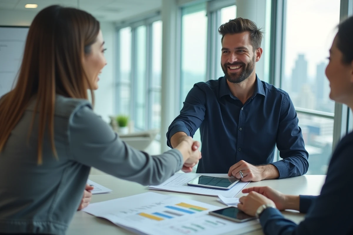 Nouvel entrepreneur signant un partenariat avec un conseiller d'entreprise autour d'un plan d'affaires, symbole d'accompagnement et de croissance entrepreneuriale