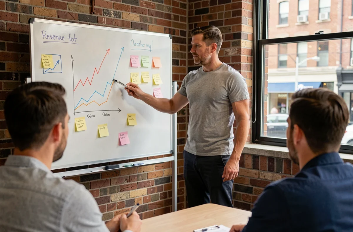 Entrepreneur présentant une stratégie de croissance du chiffre d'affaires lors d'une réunion avec des experts