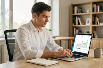 Entrepreneur masculin analysant une stratégie de croissance en ligne sur son ordinateur portable dans un bureau moderne