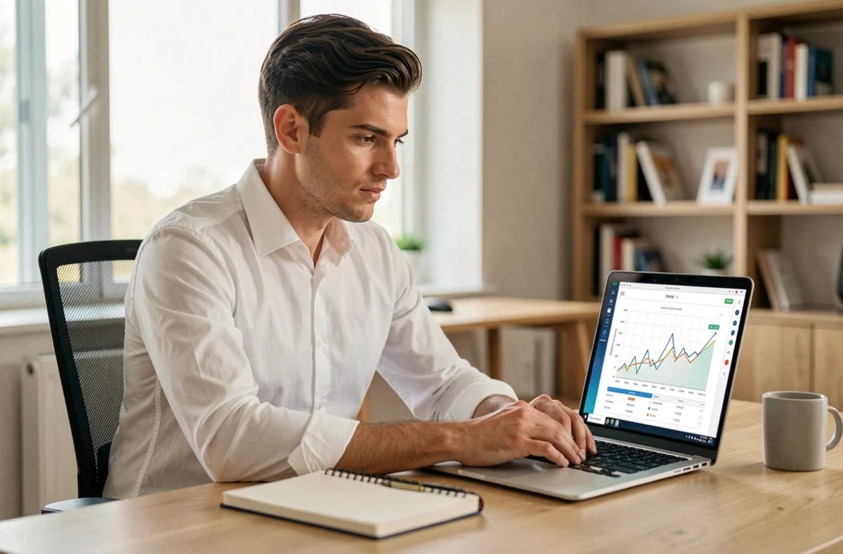 Entrepreneur masculin analysant une stratégie de croissance en ligne sur son ordinateur portable dans un bureau moderne