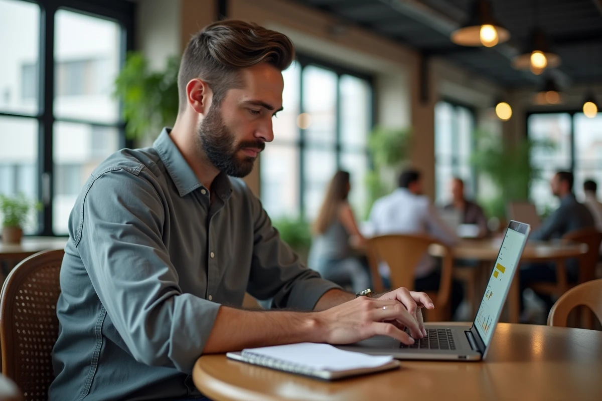 Entrepreneur de PME planifiant une stratégie de paiement au clic sur ordinateur portable dans un espace de coworking