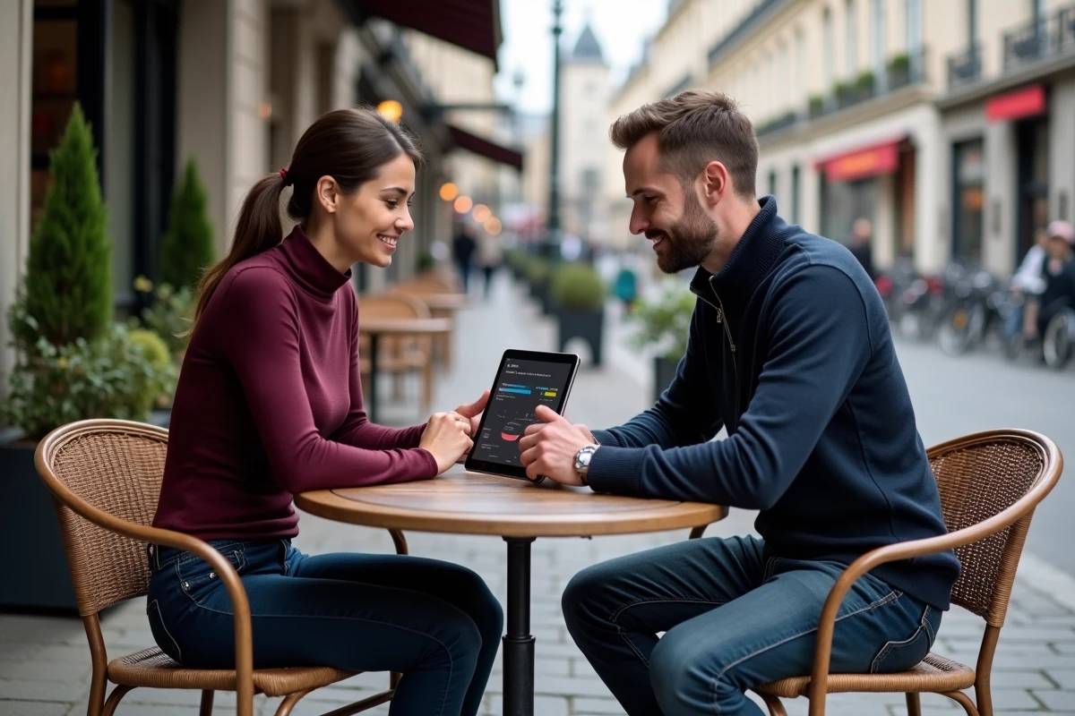 Deux entrepreneurs consultant un guide business numérique sur tablette en terrasse de café parisien