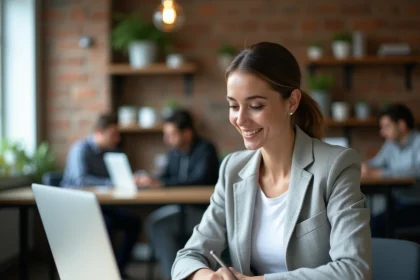 Entrepreneuse lisant un blog de conseils pour créateurs d'entreprise dans un espace de coworking moderne