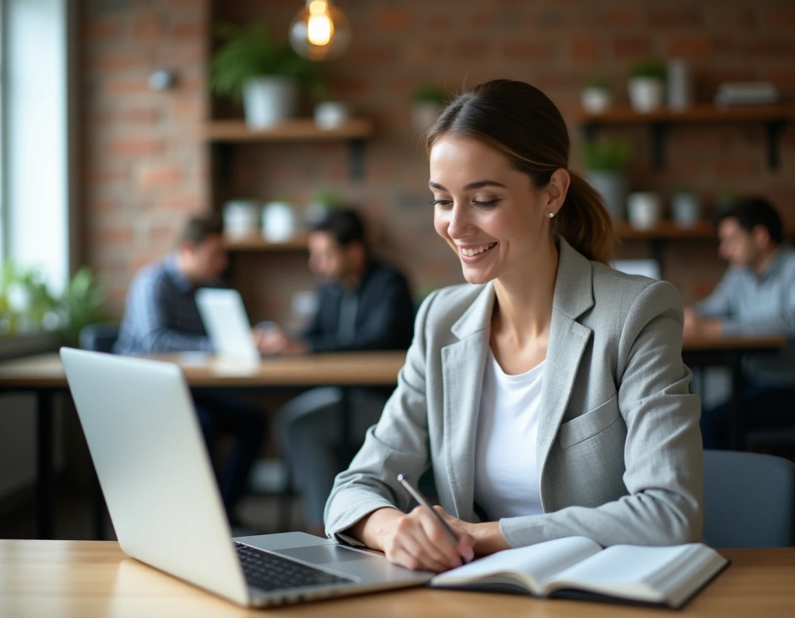 Entrepreneuse lisant un blog de conseils pour créateurs d'entreprise dans un espace de coworking moderne